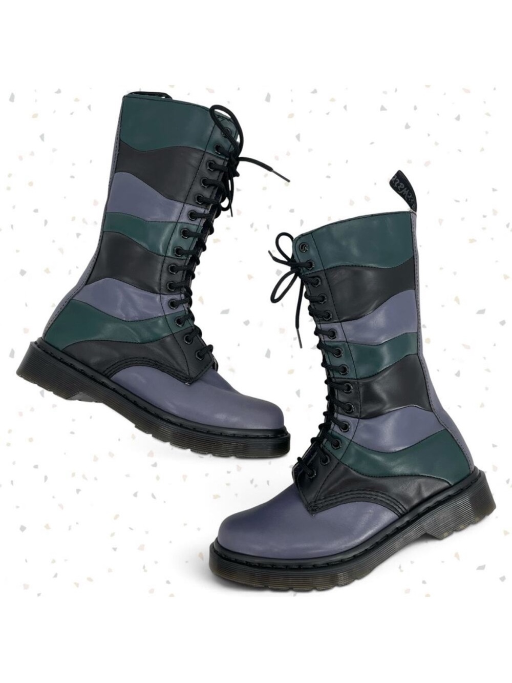 Dr. Martens Retro Nina Boots Wavy Cut Sew Lace Up Leather Green Black Doc Size 7